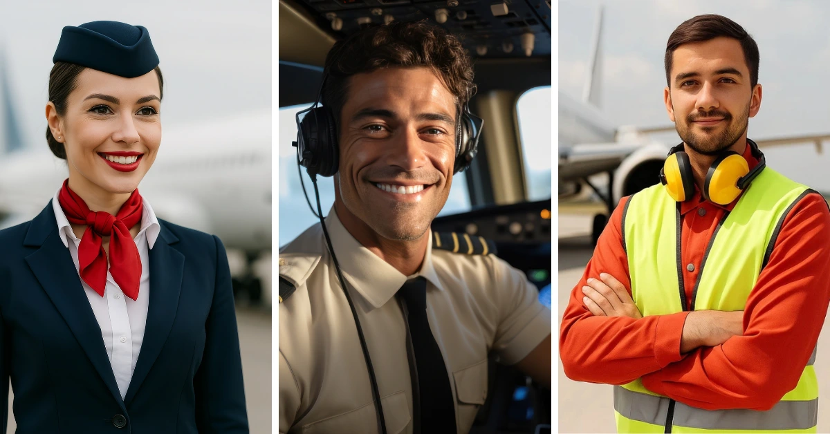 Airline cabin crew in professional uniforms