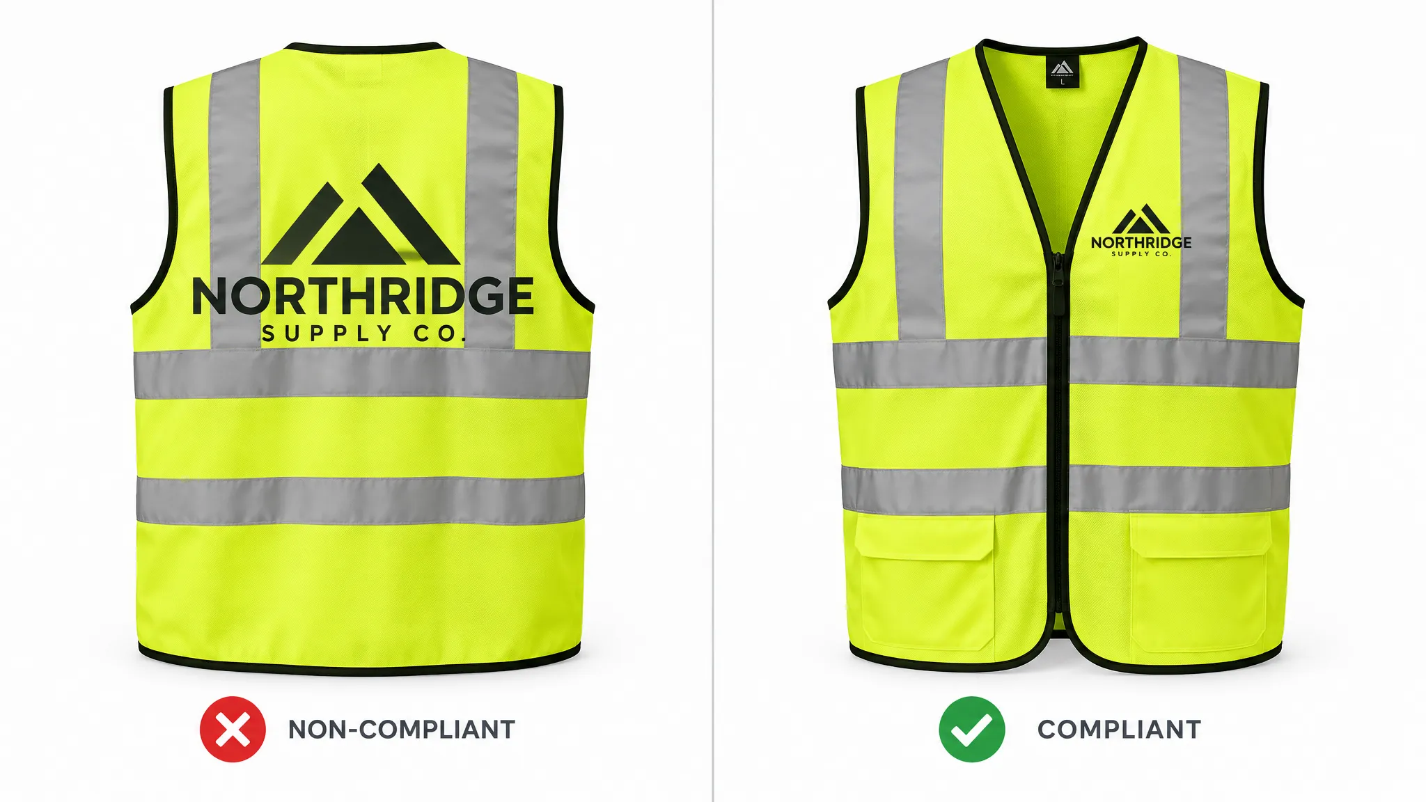 Side-by-side hi-vis vests: an oversized back logo covering the reflective bands marked non-compliant, beside a compliant vest with clear bands
