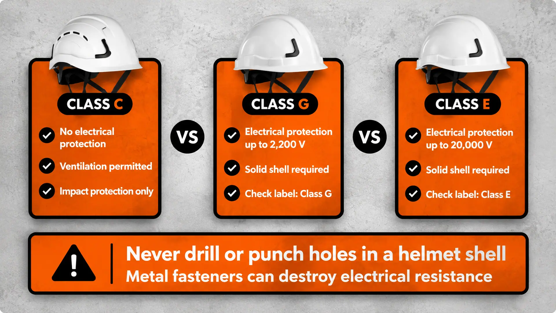 Comparison of Class C, Class G and Class E safety helmets by electrical protection rating