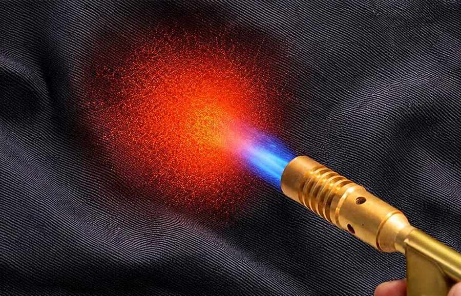 A blowtorch flame held against black woven fabric during a heat-resistance test