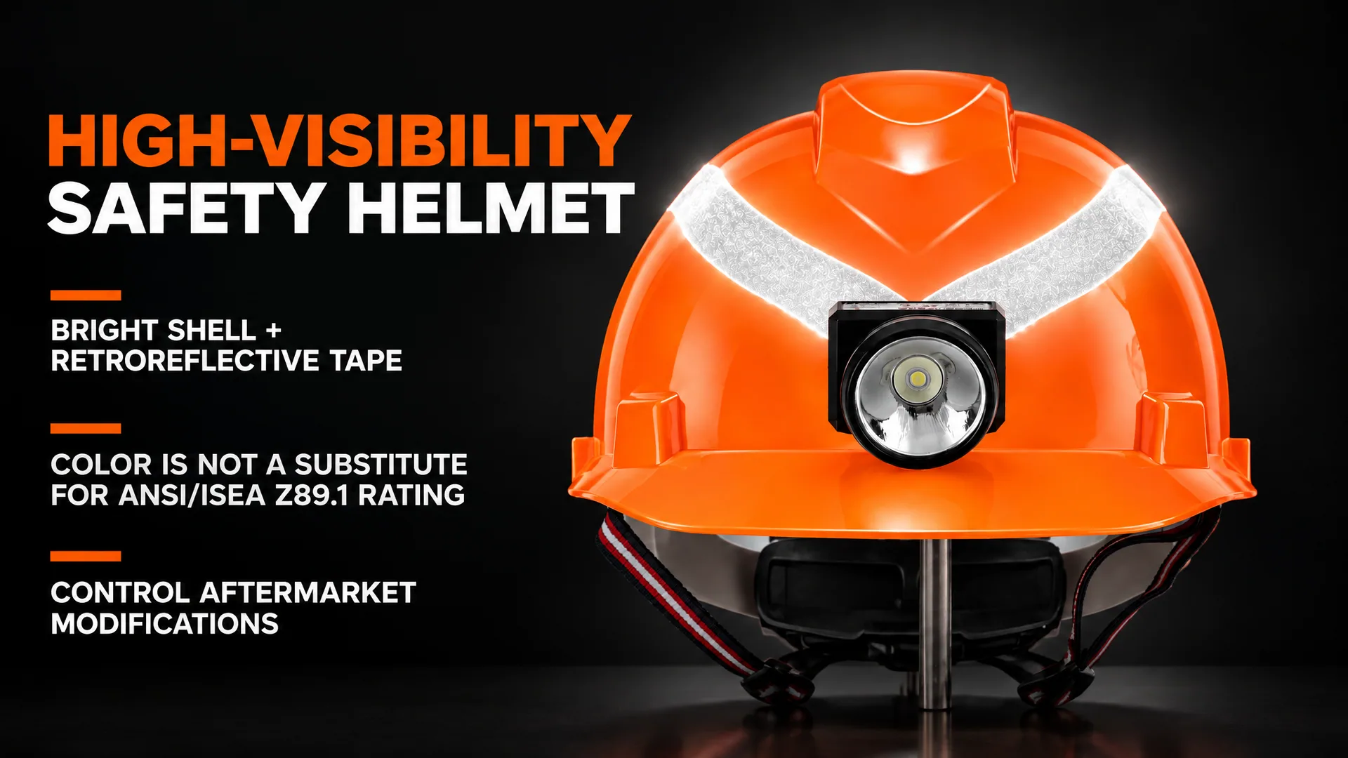 High-visibility safety helmet with a bright orange shell, retroreflective tape and a mounted headlamp
