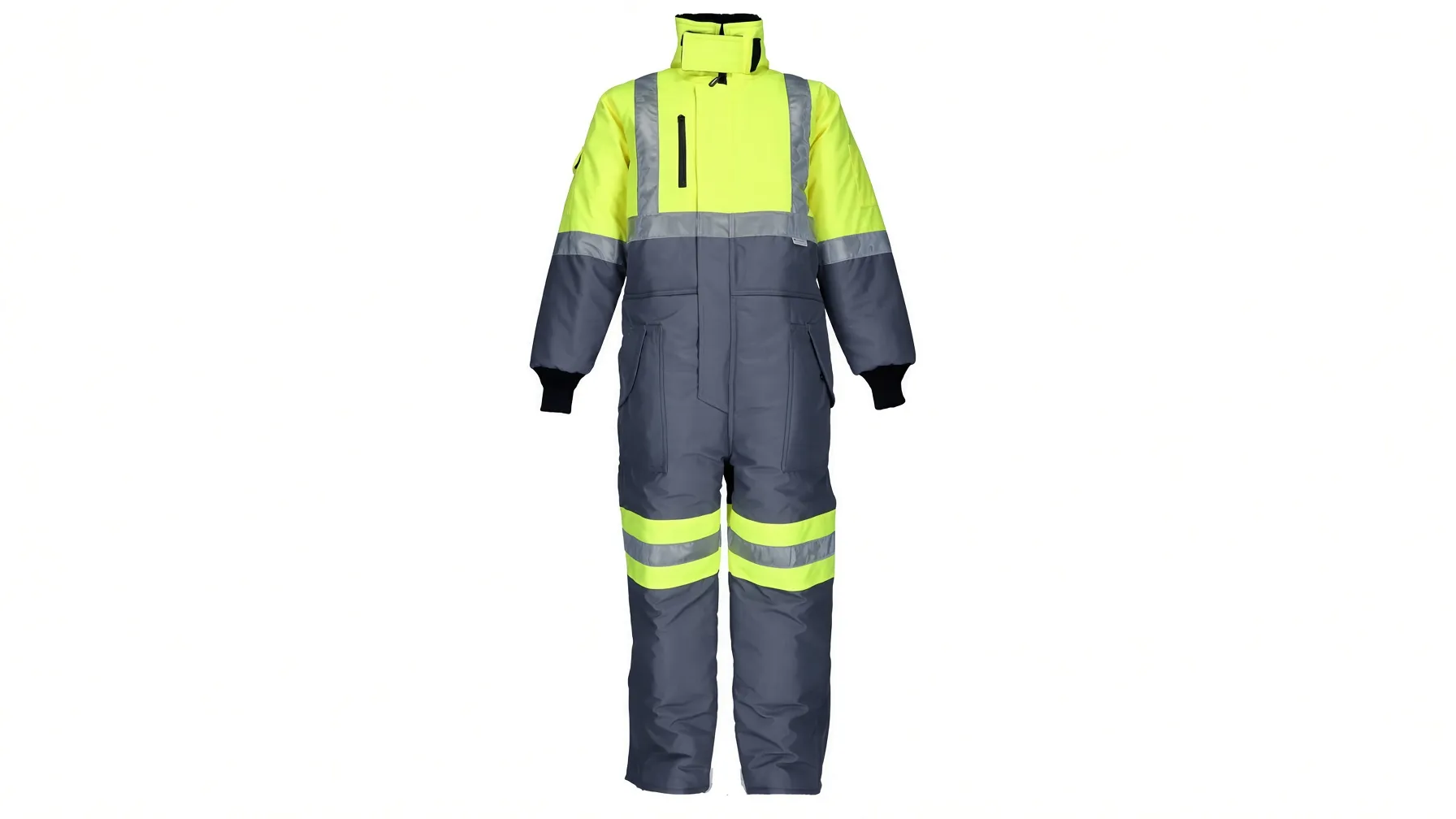 High-visibility waterproof coverall with retroreflective tape for roadwork and rail crews