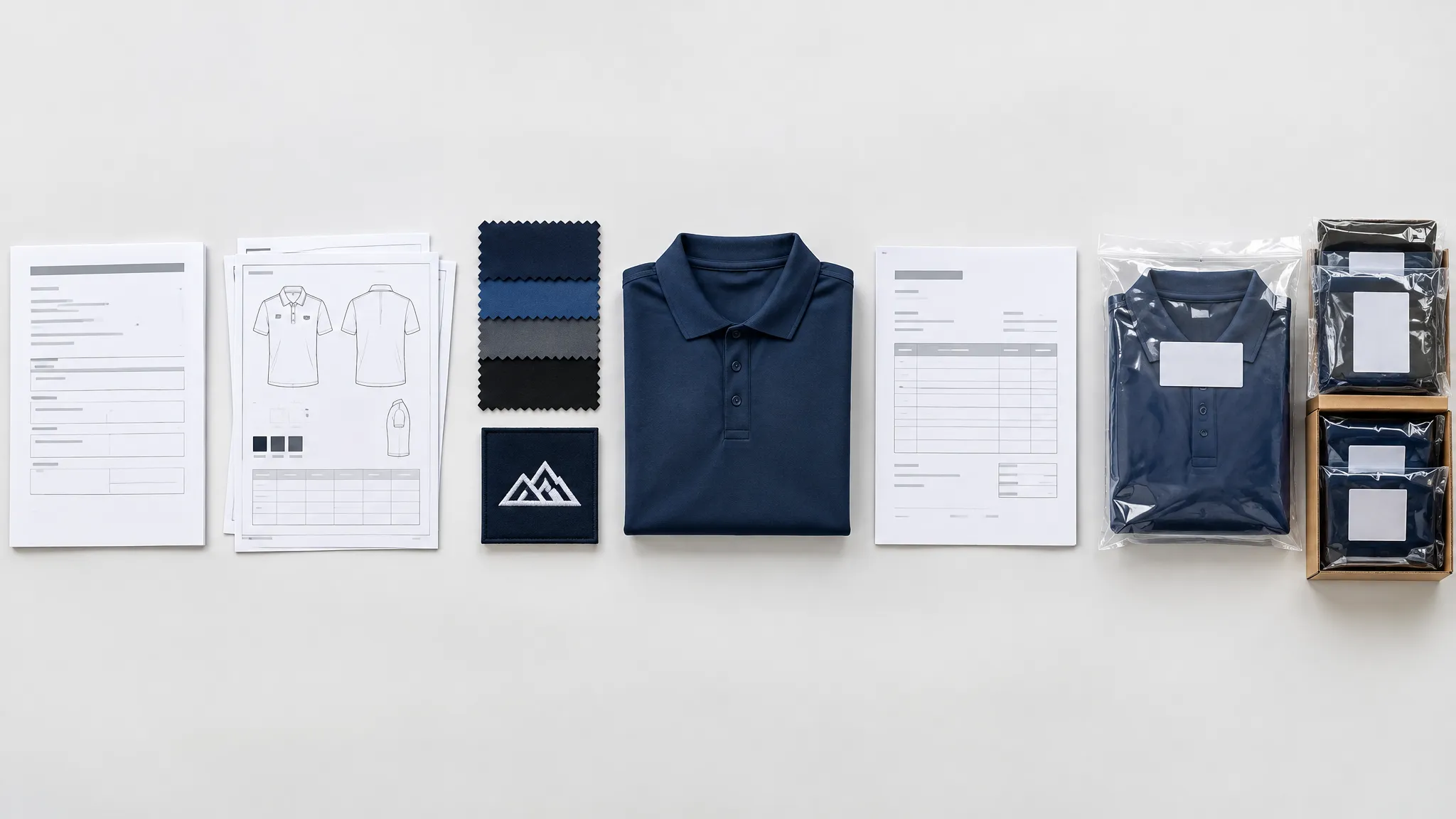 Custom workwear ordering documents laid out in sequence: specification sheets, a fabric swatch stack, a sample polo, and labeled retail-ready packaging