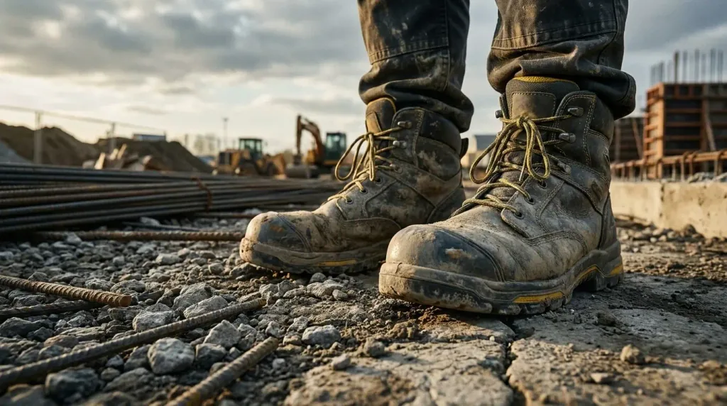 Dusty safety boots standing on a rebar-strewn construction site