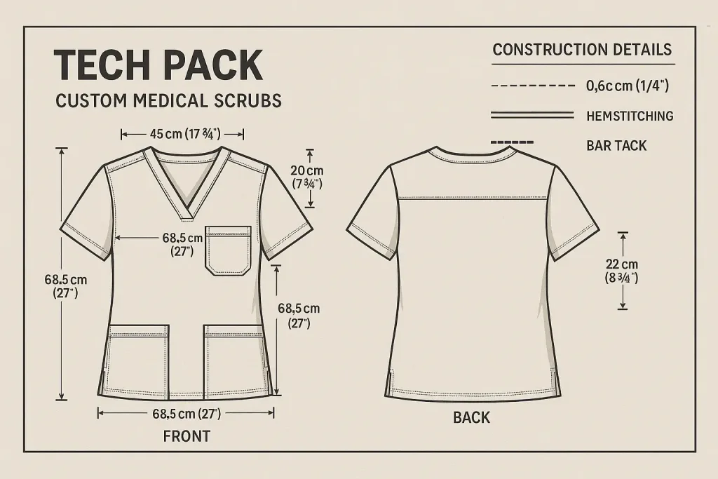 OEM and ODM workflow in medical scrub manufacturing, from tech pack intake to bulk production release