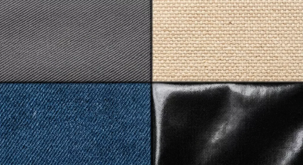 Macro texture comparison of twill, canvas, denim, and coated fabrics