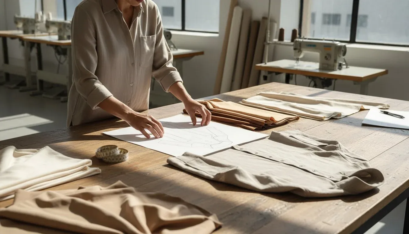 Custom workwear production time planning inputs on one table: pattern paper, fabric swatches, a sample shirt, and a tape measure