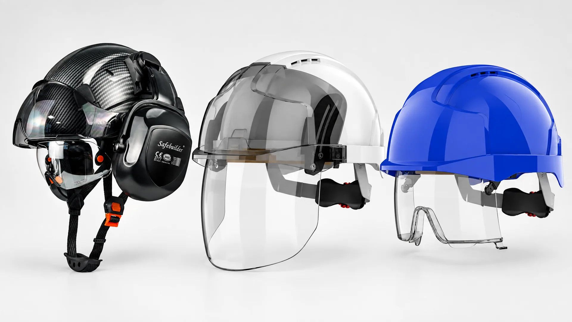 Specialized safety helmets supplied with integrated face shields, clear visors and ear defenders