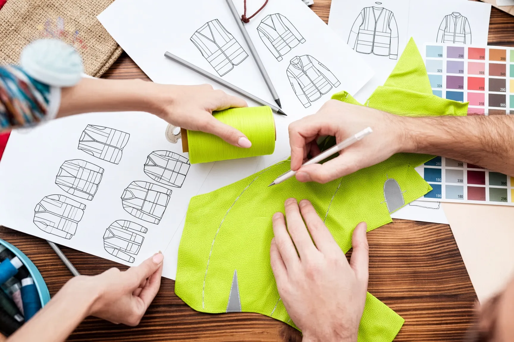 Pattern sketches, a fabric colour swatch book, and a fluorescent panel being developed for a private-label hi-vis program