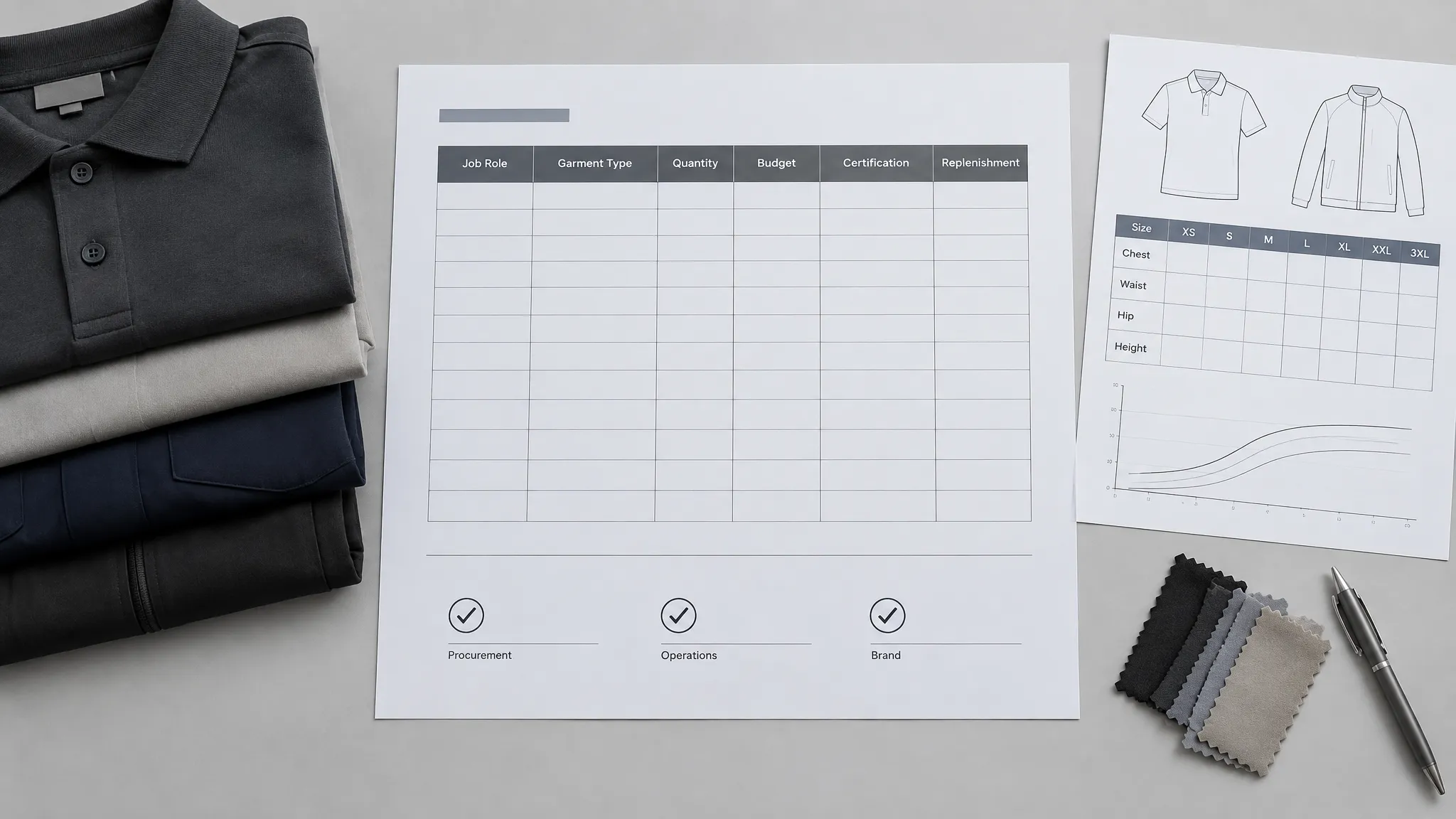Uniform intake brief template with columns for job role, garment type, quantity, budget, certification, and replenishment, plus a size curve and procurement, operations, and brand sign-offs