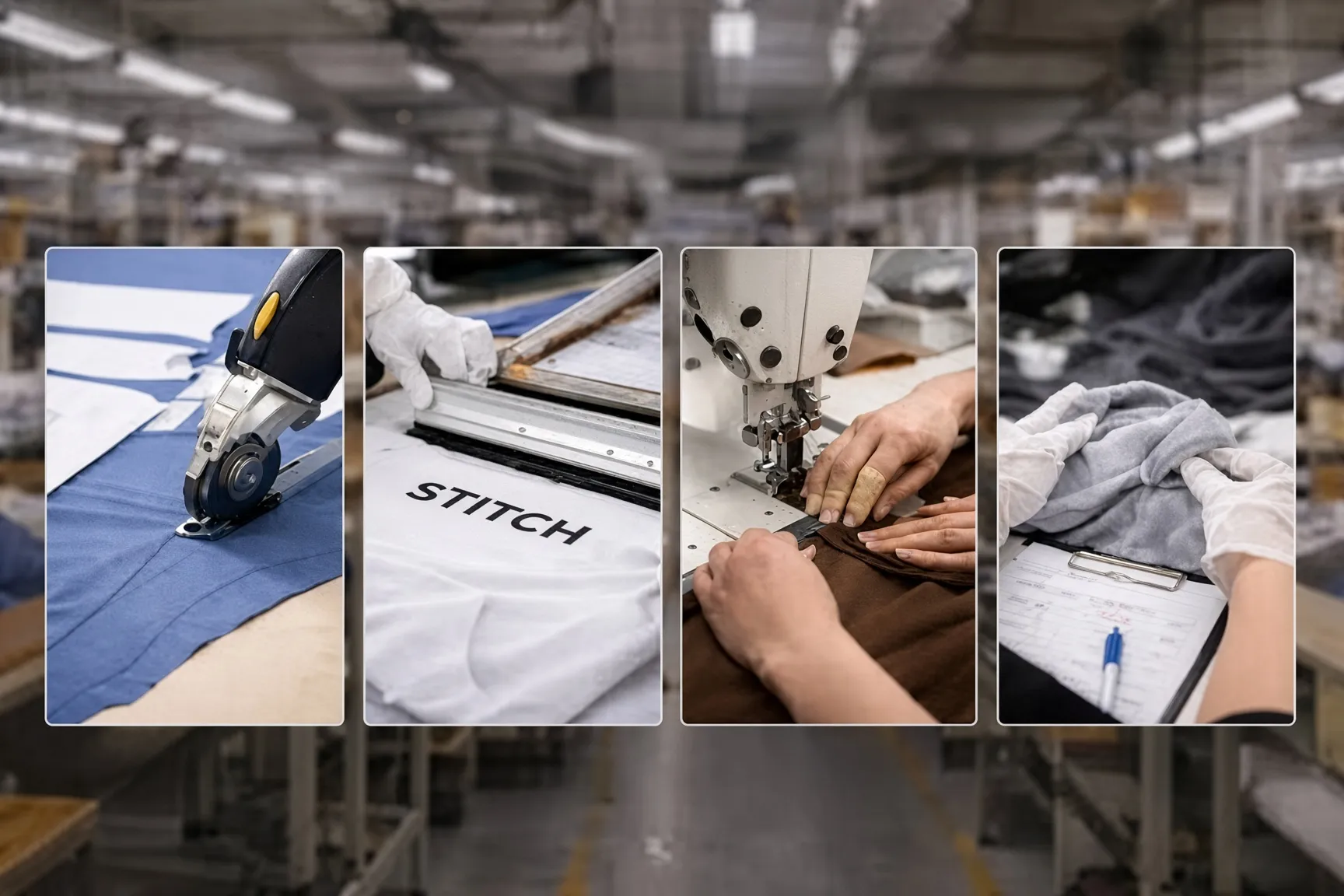 Custom workwear production time control points: cutting, fabric spreading, stitching, and QC sign-off on the factory floor
