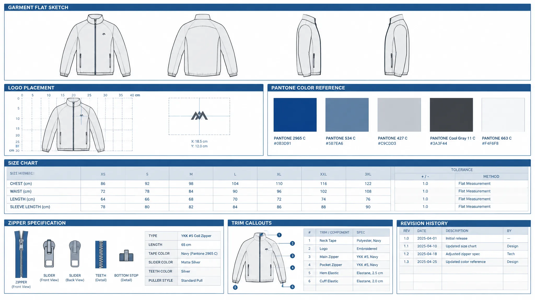 Production-ready tech pack showing garment flat sketches, logo placement coordinates, Pantone references, a toleranced size chart, zipper specification, trim callouts, and revision history