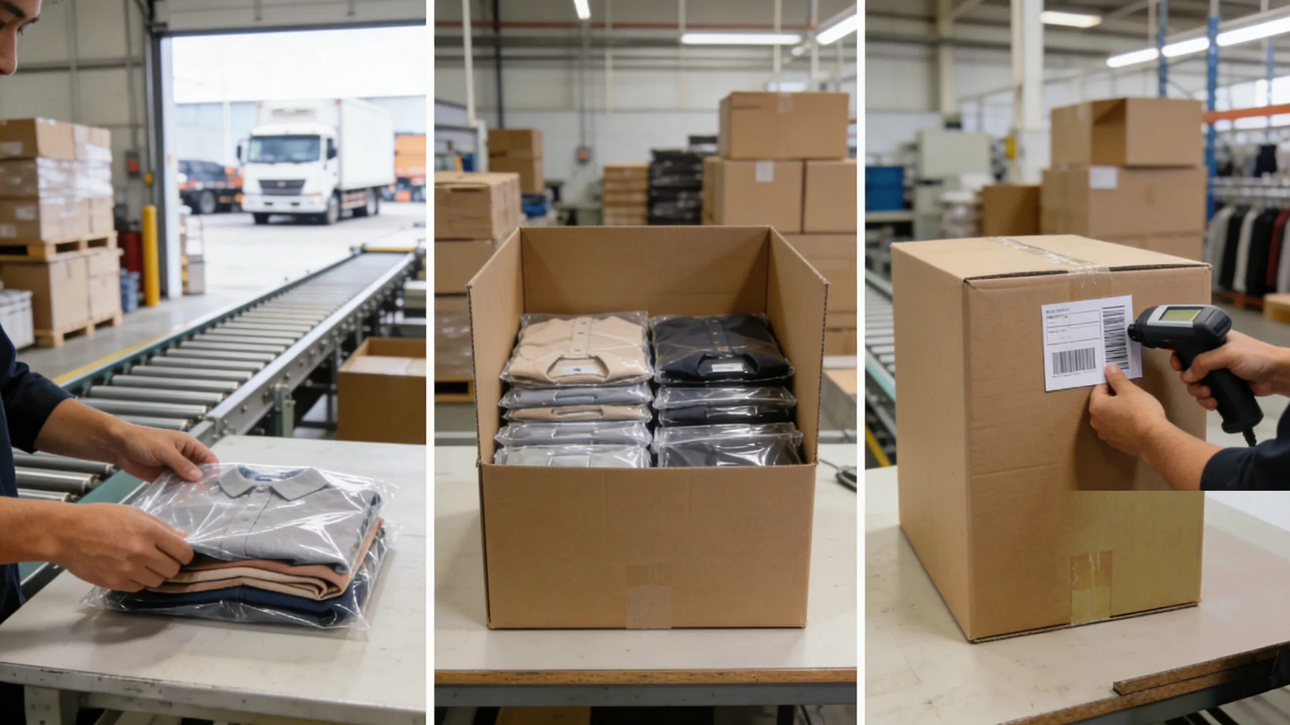 Final packing release: garments folded and polybagged at the loading dock, an open carton of finished stock, and a barcode scan on a sealed export carton