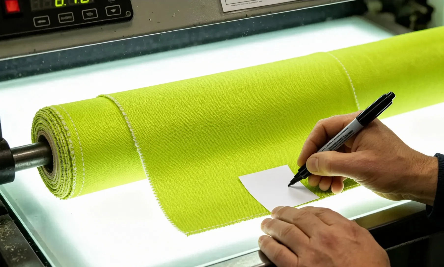 Inspector marking a cut sample from a roll of fluorescent yellow fabric on a light table