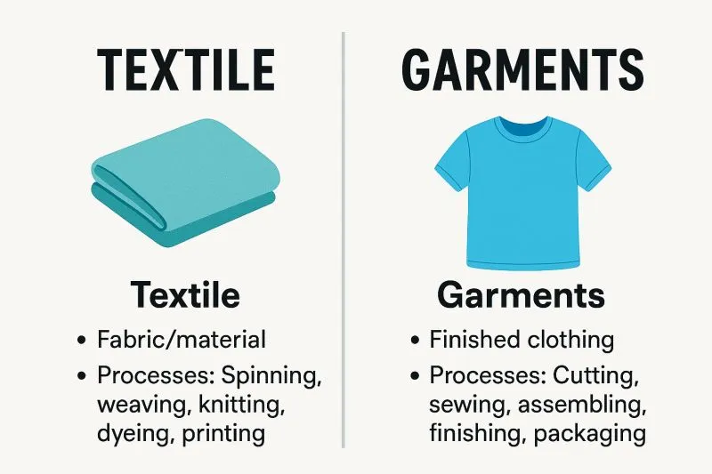 Diagram contrasting textile processes such as spinning, weaving, and dyeing with garment processes such as cutting, sewing, and finishing
