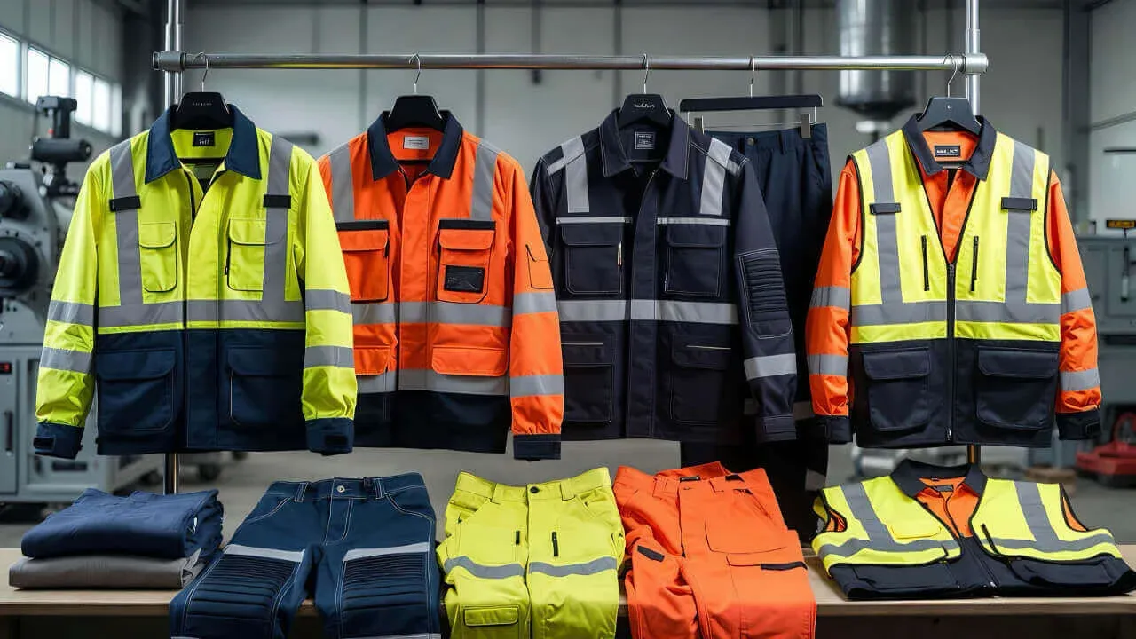 Custom workwear production time troubleshooting: finished hi-vis jackets and trousers racked in the factory