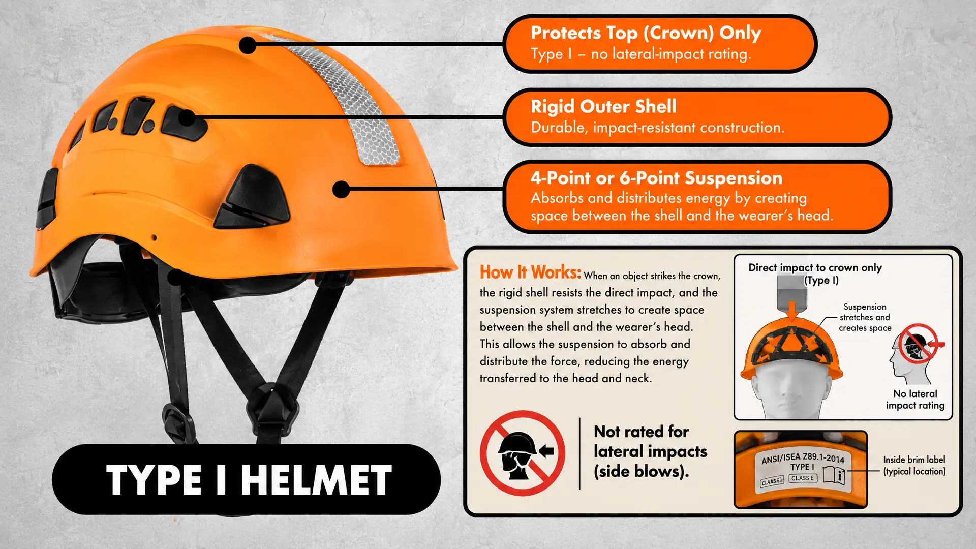 Type I safety helmet diagram showing crown-only protection, a rigid outer shell and four- or six-point suspension