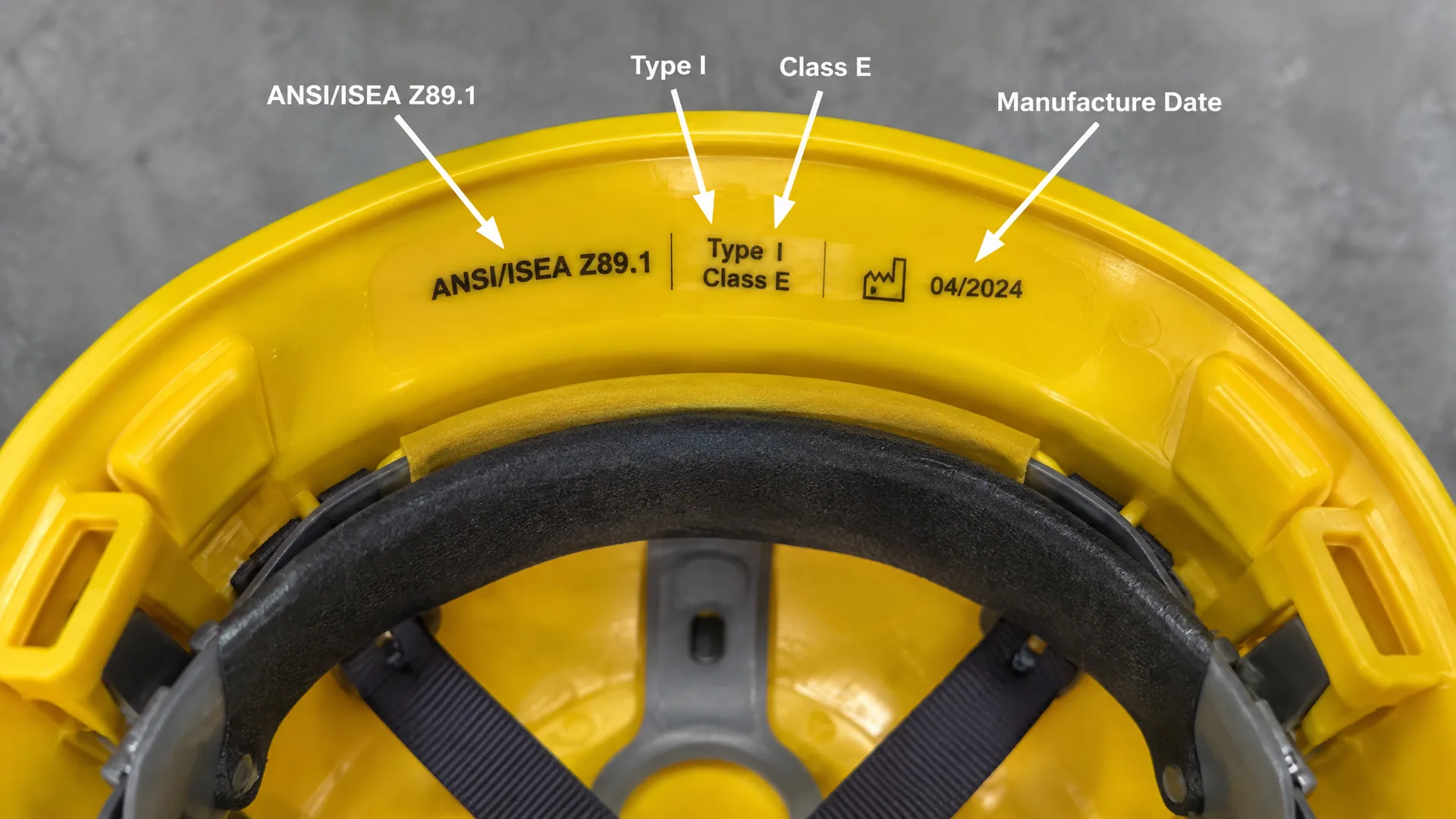 ANSI/ISEA Z89.1 label inside a hard hat brim showing Type I, Class E and the manufacture date