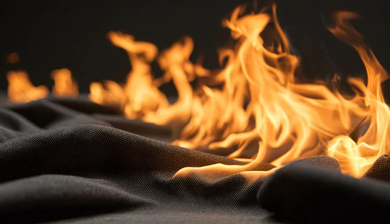 Flames burning across a black woven fabric swatch during a flame test