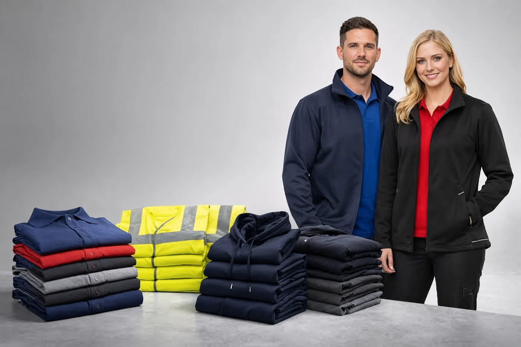 Two models in navy and black work jackets behind stacked folded workwear — navy and red polos, hi-vis vests, and hoodies