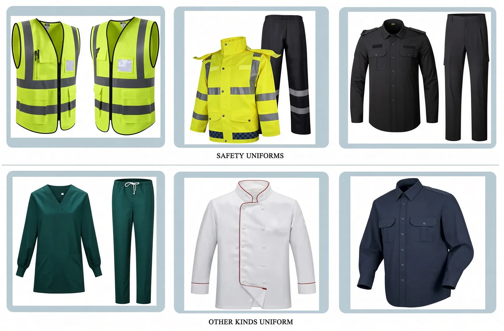 Bulk workwear range including hi-vis vests, safety jackets, security shirts, scrubs, and chef whites