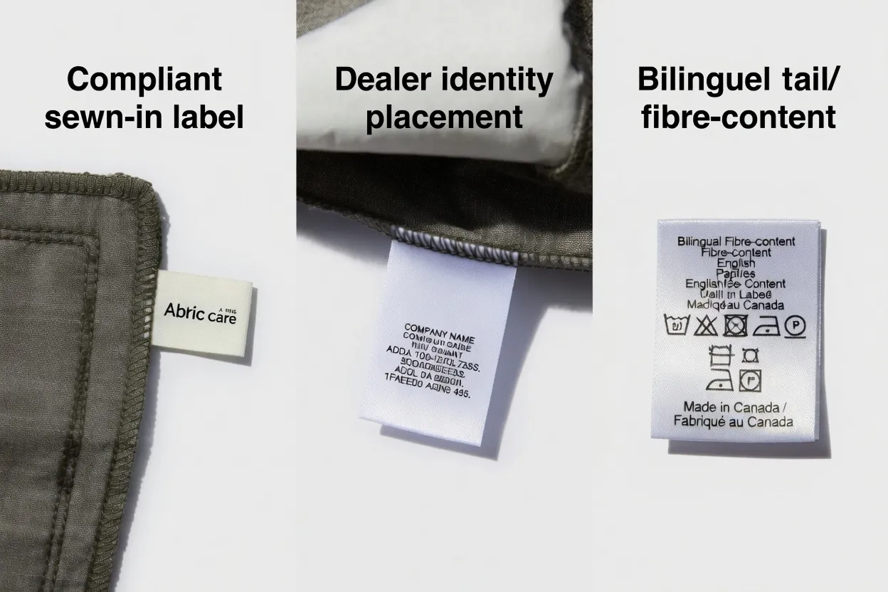 Compliant sewn-in label, dealer identity placement, and bilingual fibre-content layout