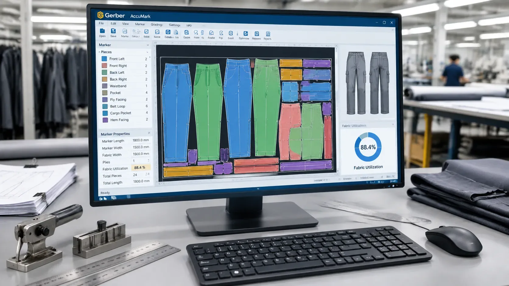 CAD marker-making software on a factory monitor showing a fabric cutting layout beside a workwear production floor