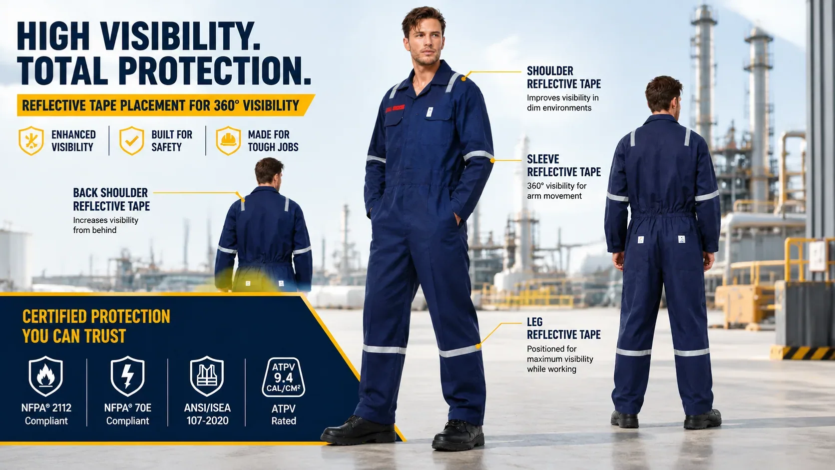 Reflective tape placement on a navy FR coverall, with NFPA 2112, NFPA 70E, ANSI/ISEA 107 and ATPV certification badges