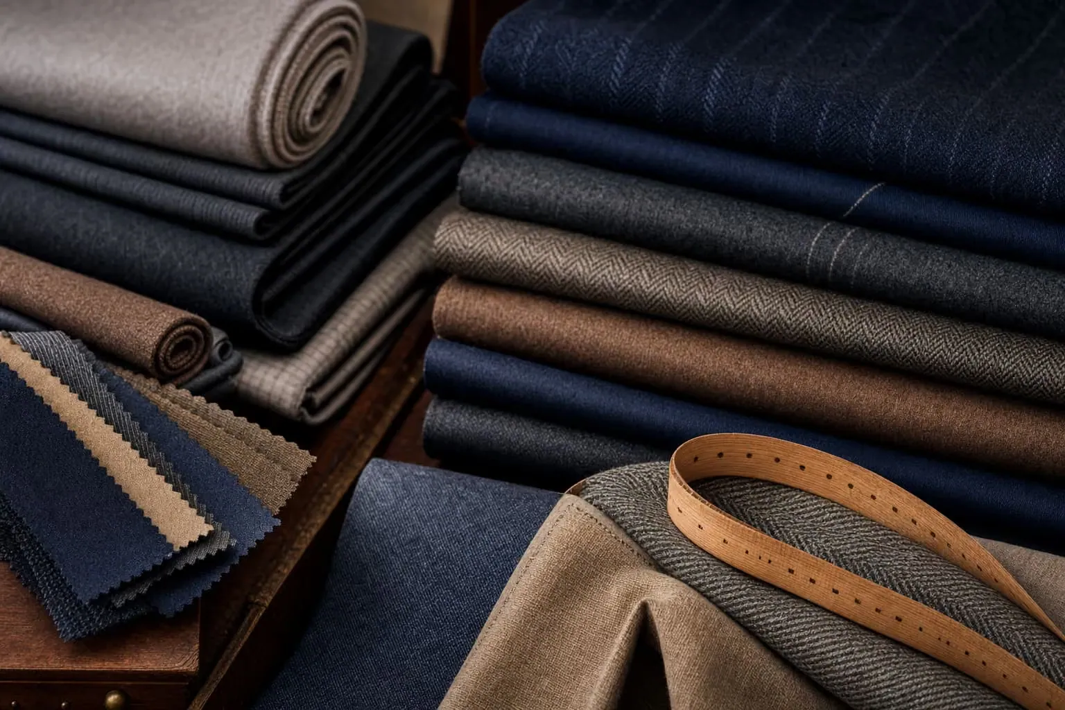 Stacked bolts of navy, charcoal, and tan wool suiting fabric beside a fanned swatch card