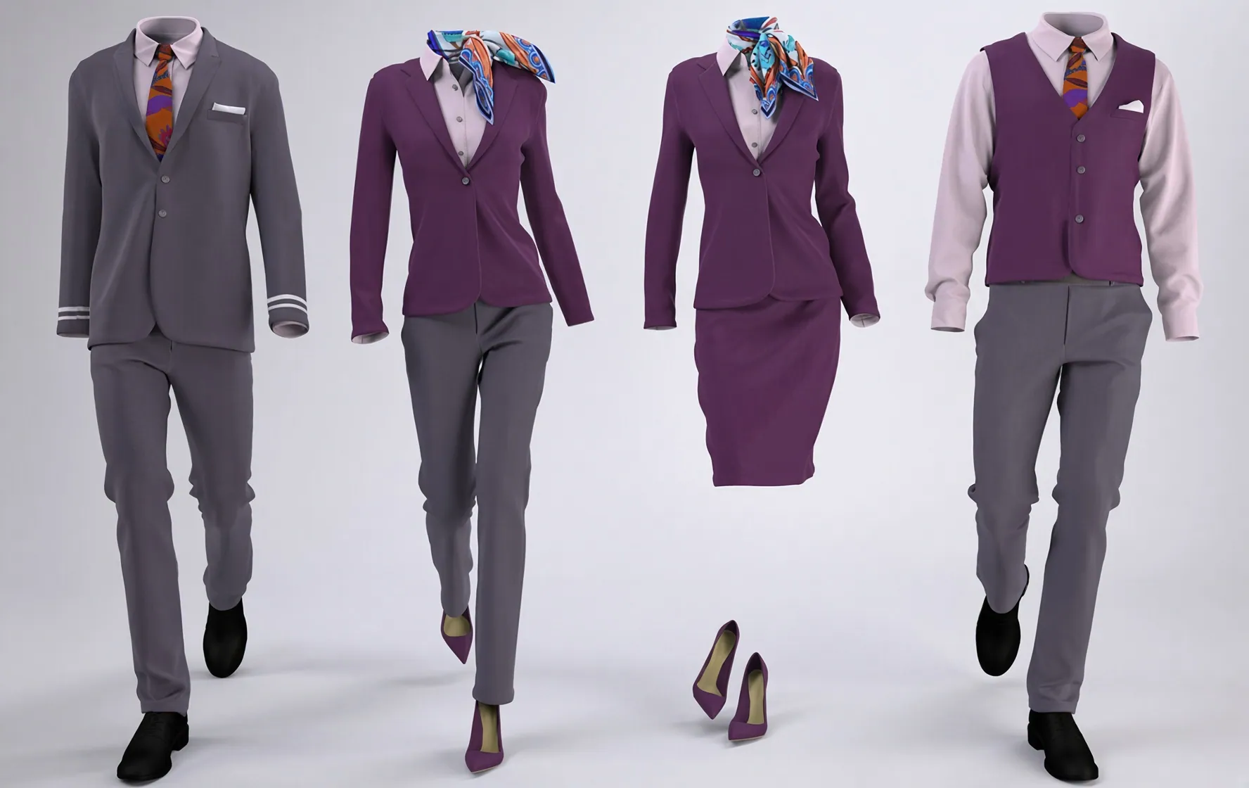 Four corporate suiting looks: a men's grey suit, a women's purple blazer with trousers, a purple skirt suit, and a purple waistcoat