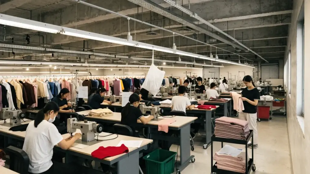 Operators at industrial sewing machines on a garment factory floor with finished suits on hanging racks