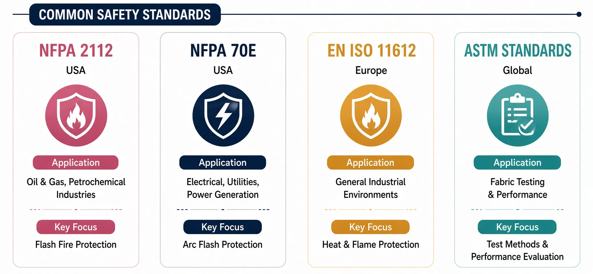 Comparison of common safety standards: NFPA 2112 flash fire, NFPA 70E arc flash, EN ISO 11612 heat and flame, and ASTM testing