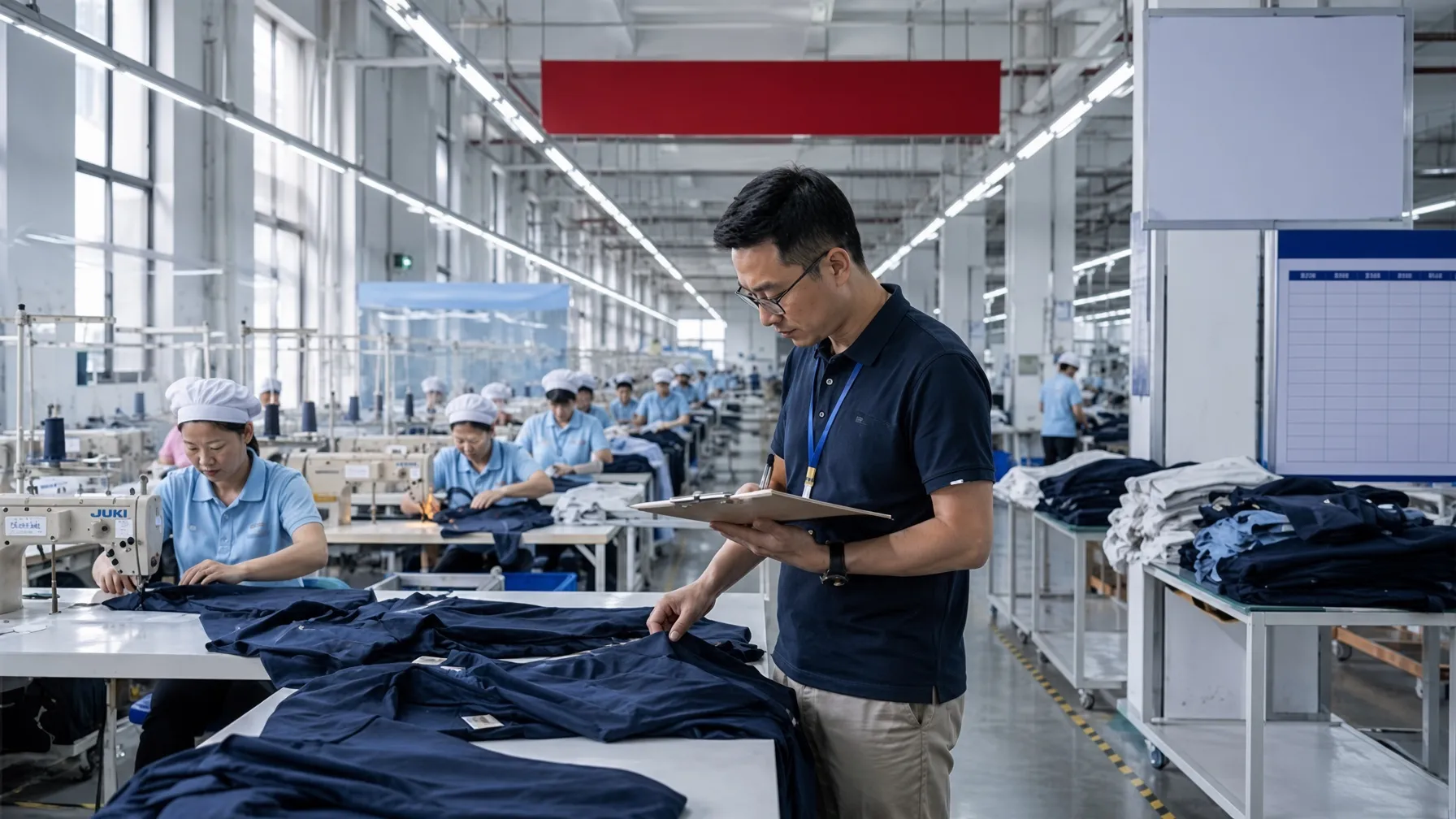 Factory auditor with a clipboard reviewing folded navy workwear at a sewing line