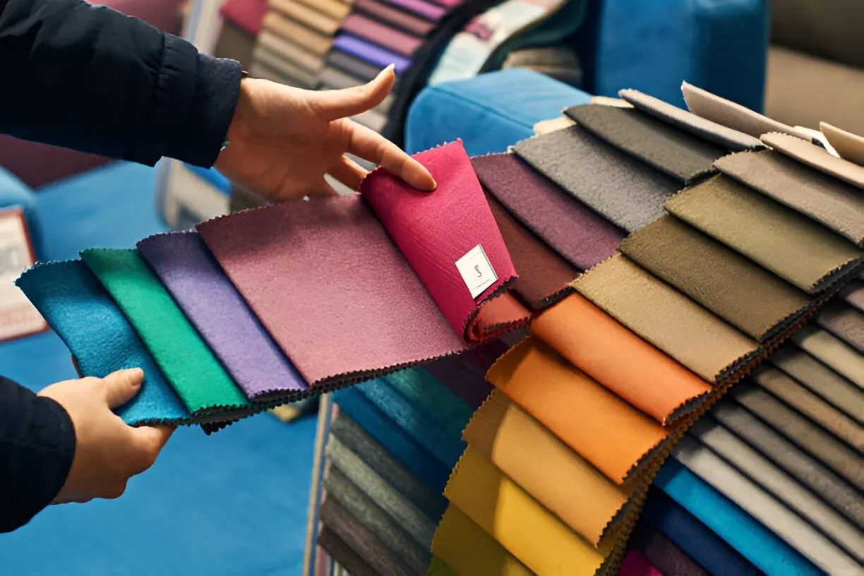 Supplier fanning through fabric color swatches in a sample book