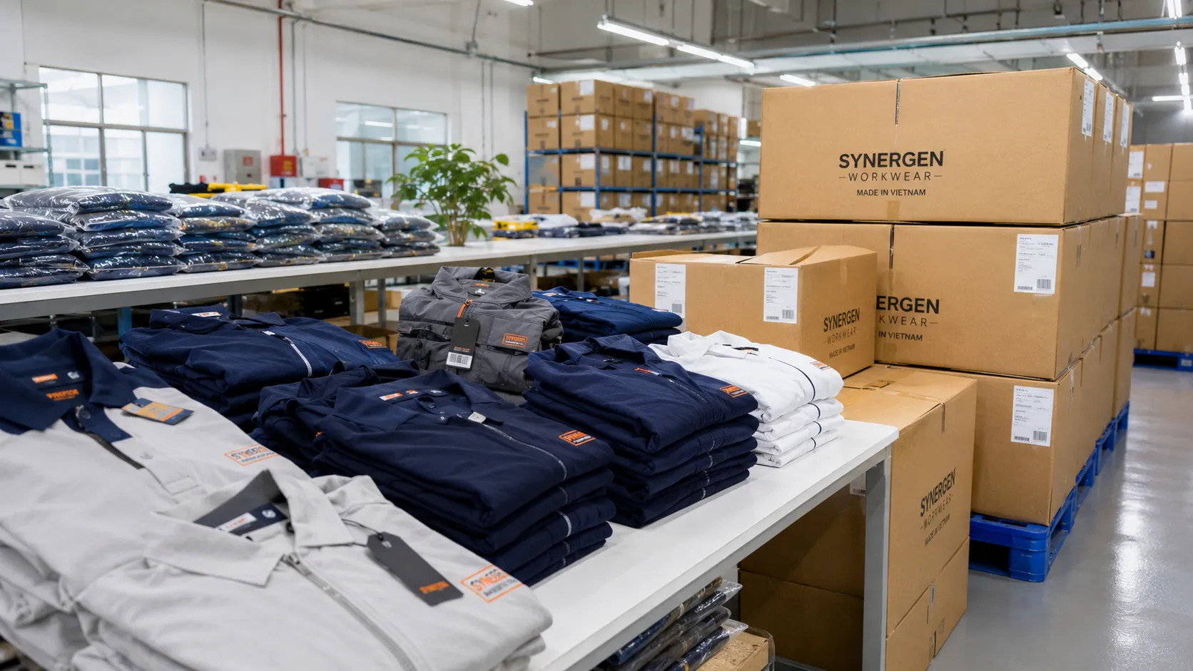 Finished workwear stacked on packing tables next to packed shipping cartons in a warehouse