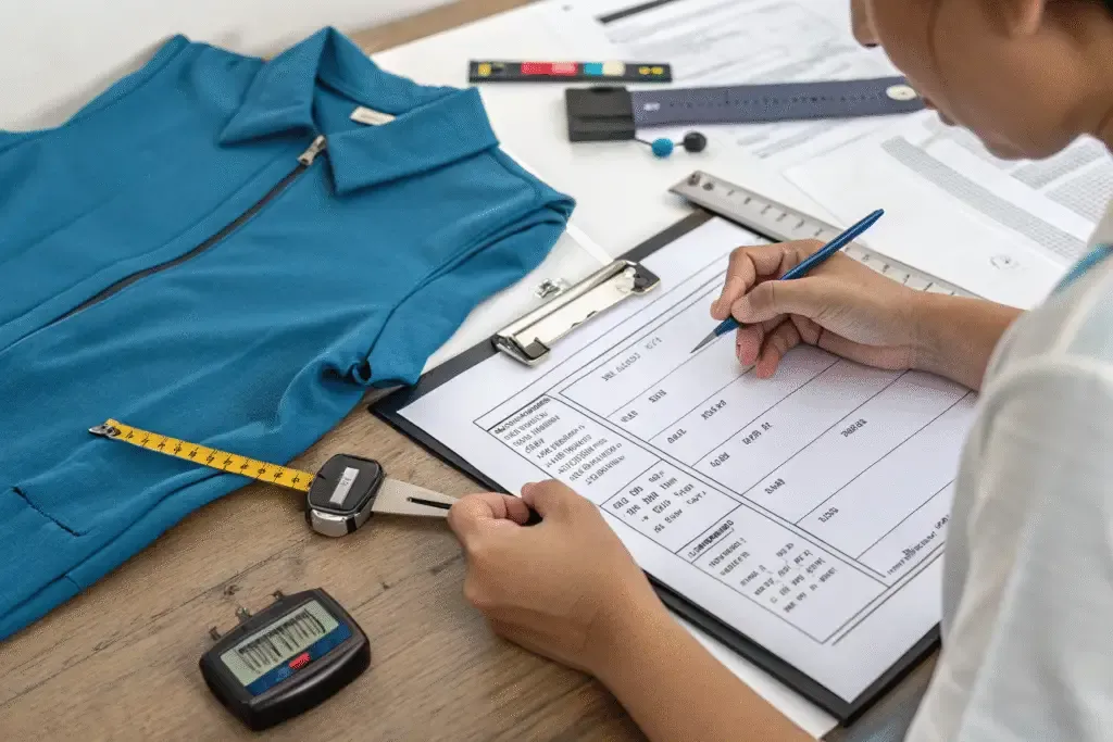 Inspector measuring a sample jacket with a tape measure and filling out a supplier scorecard