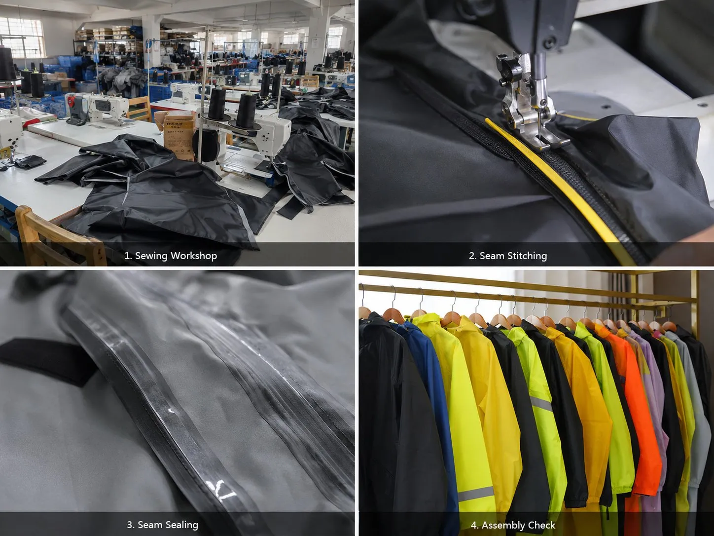 Four-panel factory quality check: sewing workshop, zipper seam stitching, seam sealing, and hi-vis jackets awaiting assembly check