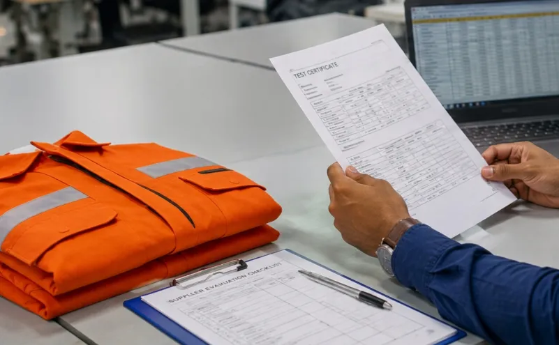 Reviewing a fabric test certificate beside an orange high-visibility jacket and supplier evaluation checklist