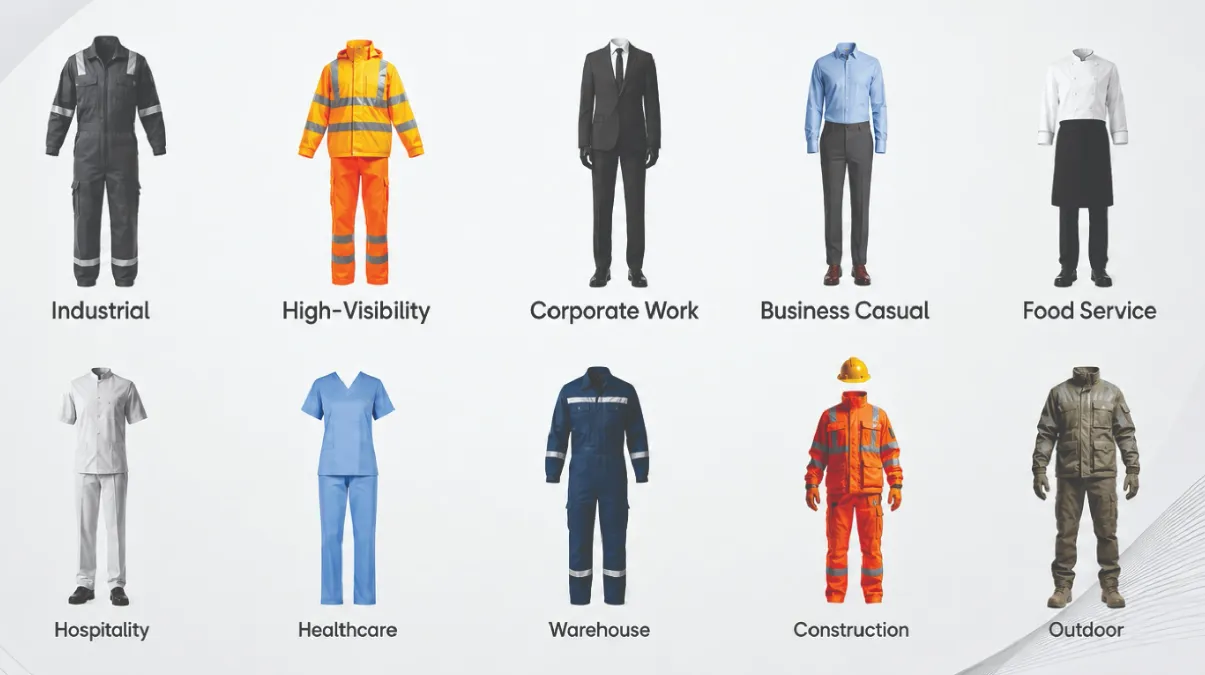 Grid chart of ten workwear categories from industrial coveralls and high-visibility to corporate, food service, healthcare, and outdoor