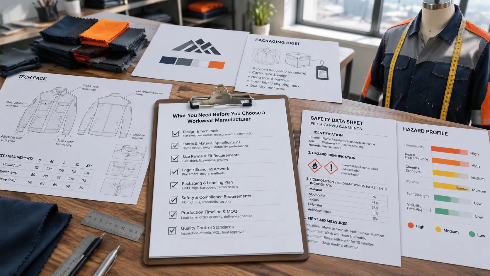 Documentation checklist with tech pack, packaging brief, safety data sheet, and hazard profile beside an orange high-visibility workwear sample