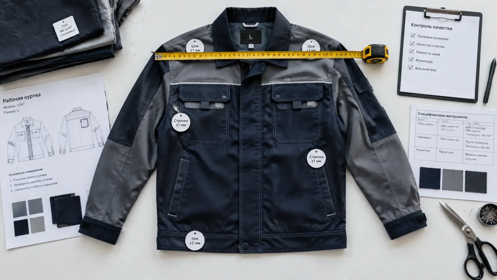 Workwear jacket laid flat with a tape measure, spec sheet, fabric swatches, and a QA clipboard for spec and BOM control