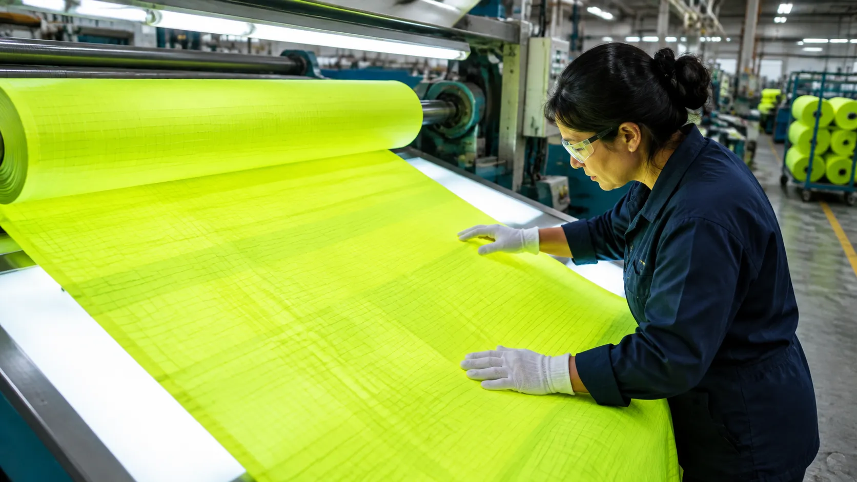 Worker inspecting a roll of high-visibility yellow fabric on a mill line, showing the fabric minimums that set the real workwear MOQ