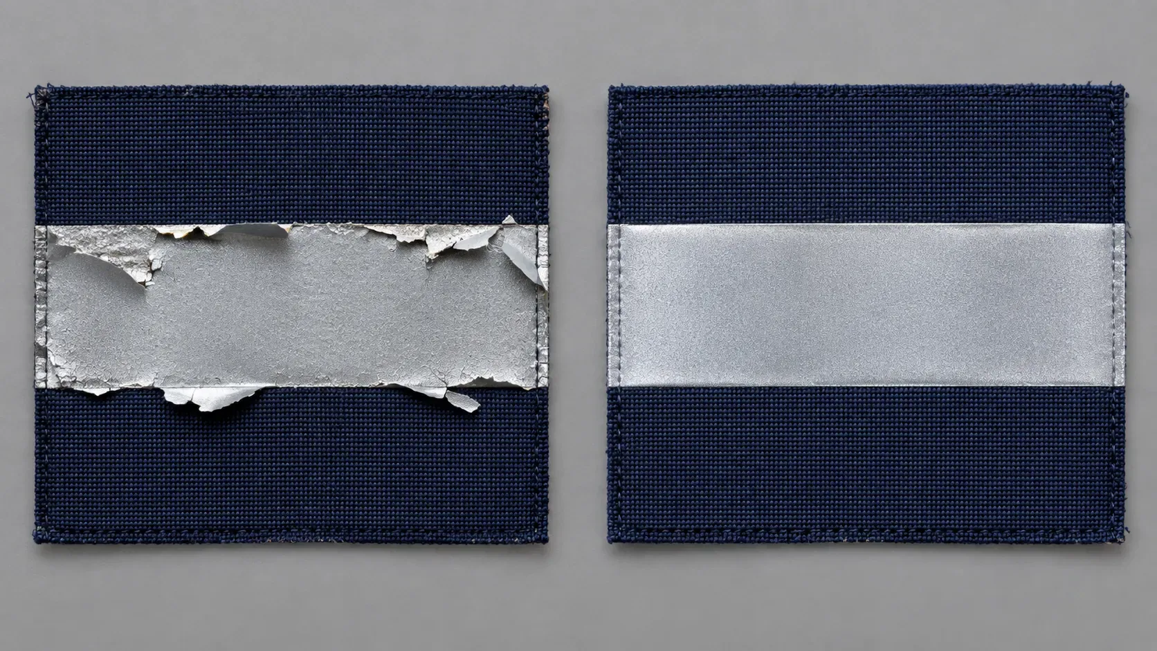 Two navy fabric swatches comparing reflective tape that peeled off after washing against intact reflective tape that survived 50 industrial wash cycles