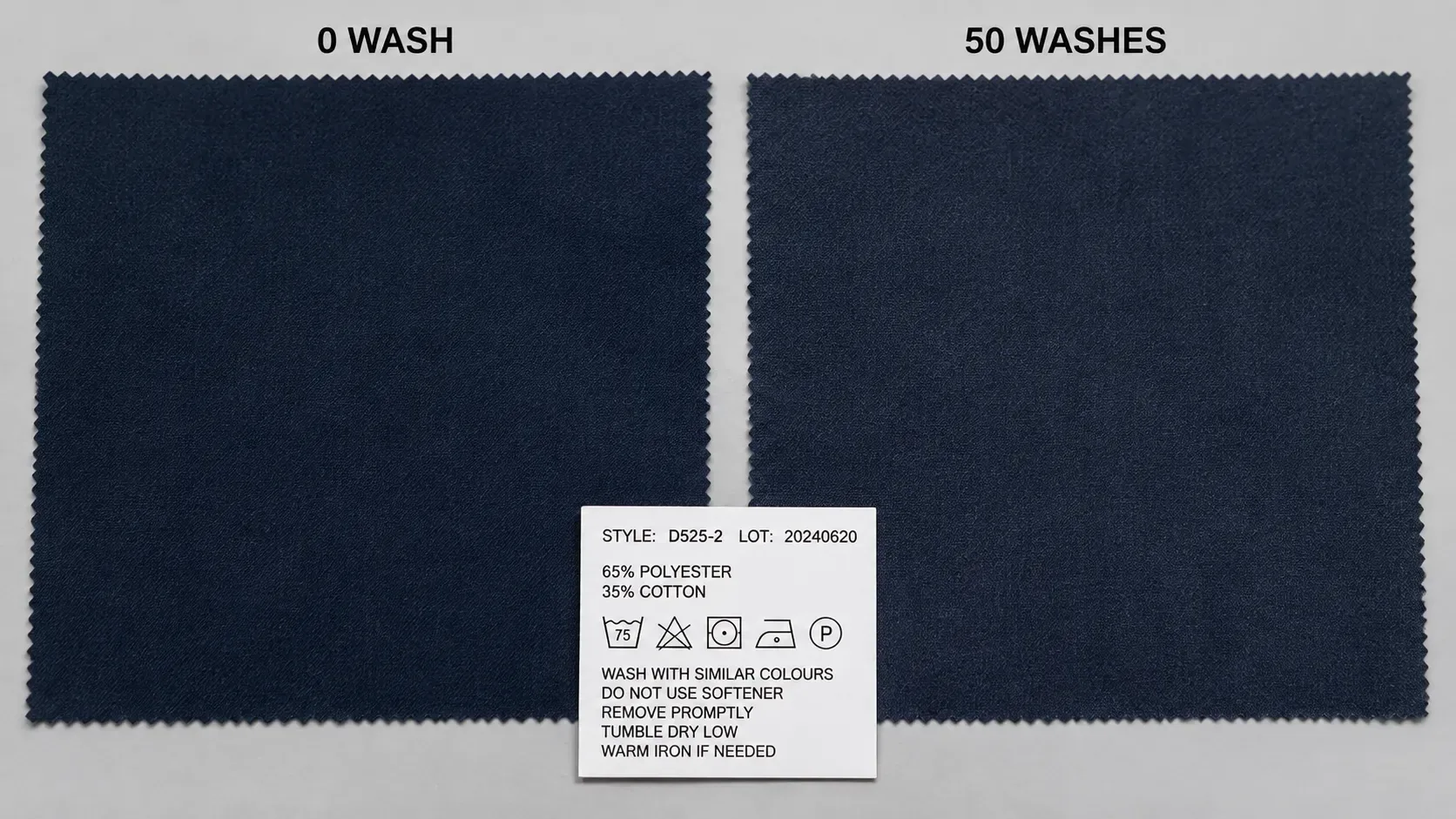 A 65/35 poly-cotton swatch at 0 and 50 ISO 15797 industrial wash cycles — color and shape hold