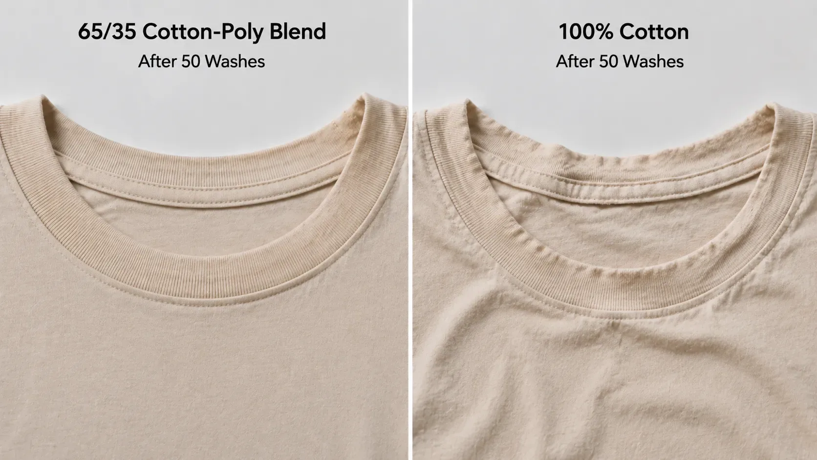 After 50 industrial washes, a 100% cotton collar is crinkled while a 65/35 poly-cotton blend stays smooth and crisp