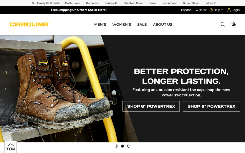 Carolina Shoe homepage promoting the PowerPlex work boot