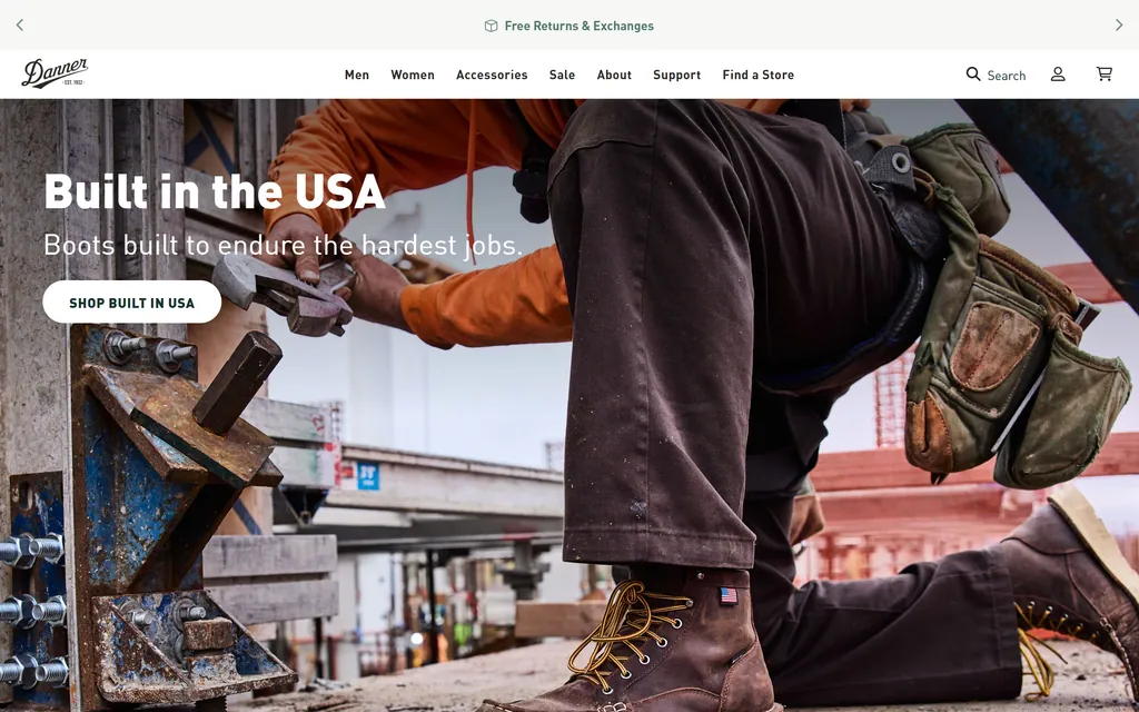 Danner homepage showing its USA-built work boot line