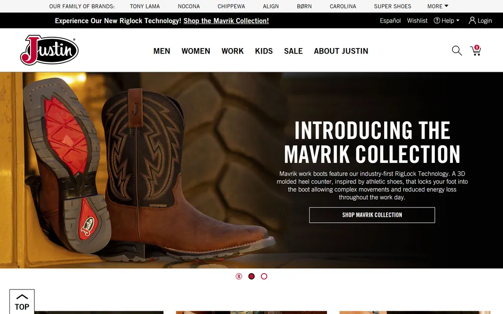 Justin Boots homepage introducing the Mavrik western boot collection