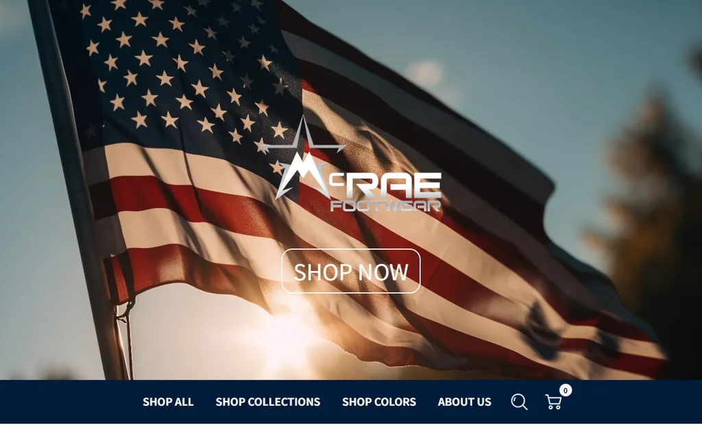 McRae Footwear homepage with the company logo over an American flag
