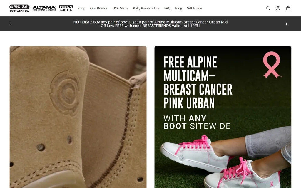 Original Footwear homepage carrying its current seasonal boot promotion